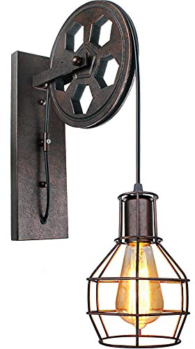 iDEGU Wandleuchte Industrielle, 1 flammige Deckenlampe Vintage Riemenscheibe Stil E27 Lampe aus Holz und Eisen Retro Hängelampe für Wohnzimmer Restaurant Bar – Rost Schwarz (1 Stück)
