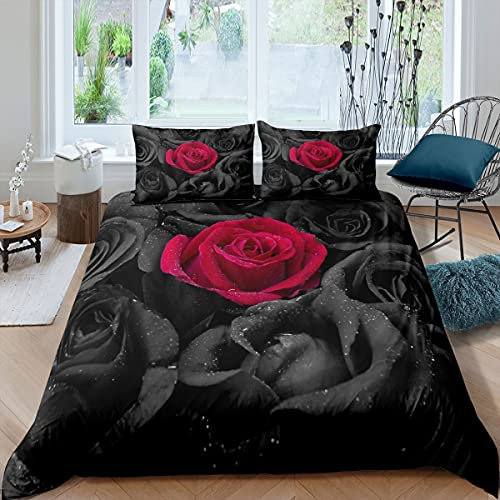 Rose Floral Bedding Set - Romantic Flowers Comforter Cover for Boys & Girls - 3D Black & Red Rose Bedding & Linen - King Size