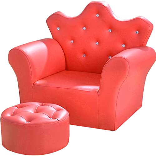 ZESLIV Kindersofa Kindersessel mit Rundhocker Relaxstuhl Mädchen Polstersessel Lesesessel Minisofa Lil Sofa Armlehnstuhl Lesesessel Fernsehsessel für Wohnzimmer Kinderzimmer Rot