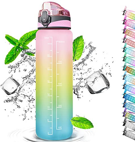 Gourde Sport 1 Litre, Bouteille d'eau Avec Paille, avec Traqueur de Marqueur, Ouvrir en un Clic, Convient Pour la Gym, le Yoga, le Camping, le Cyclisme et la Vie de Famille (Rose Jaune Bleu)