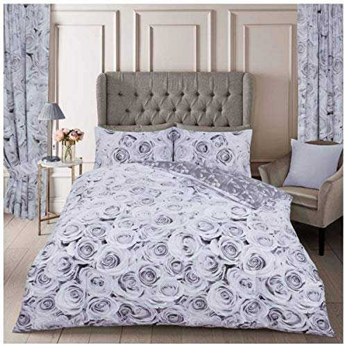 GC GAVENO CAVAILIA Luxurious Vintage Floral Duvet Cover, Ultra Soft Rose Flower Bedding Sets, Double Bed Grey Quilt Set