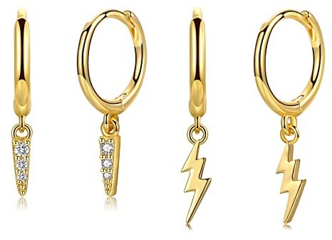 CERSLIMO Creolen Gold mit Klein Anhänger Kegel Blitz Zirkonia Anhänger 2 Paar Ohrringe Vergoldet Huggies Set für Damen Frauen Mädchen