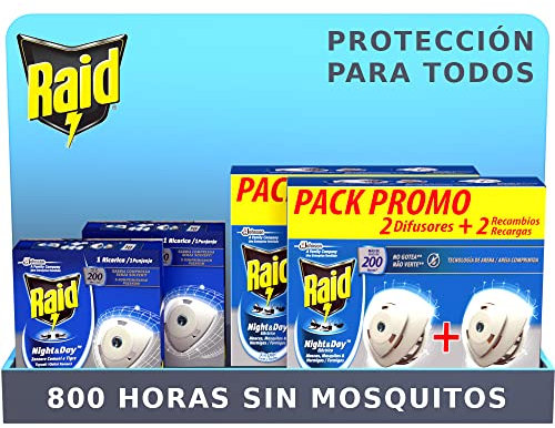 Raid Night & Day - Pack de 4 Aparatos + 6 Recambios, insecticida electrico Anti Moscas, Mosquitos y Hormigas, Enchufe inoloro con más de 800 Horas de protección