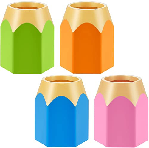 Pencil Shaped Pen Holder 4 Pieces Teacher Pencil Cup Pencil Storage Organizer Colorful Vase Pencil Pot Cartoon Stationery Rack Makeup Brush Pencil-Shaped Desk Accessory for Students Office School