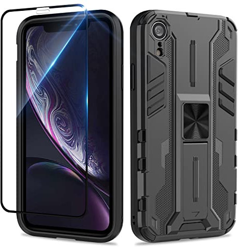 Btstring Funda para iPhone XR con Cristal Templado Protector Pantalla, Carcasa Protectora Antigolpes con Soporte Reforzado- Negro