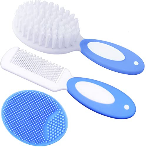 Baby-Haarbürste, Wiegenhut-Bürste, Baby-Haarkamm, Baby-Haarbürste und Kamm-Set für Neugeborene & Kleinkinder, Baby-Bürste mit weichen Borsten, ideal für Wiegenhut, perfektes Baby-Liste-Geschenk (Blau)