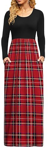 DB MOON Lässiges Maxikleid für Damen, lange Ärmel, Empire-Taille, langes Kleid mit Taschen, A-red Plaid, Klein
