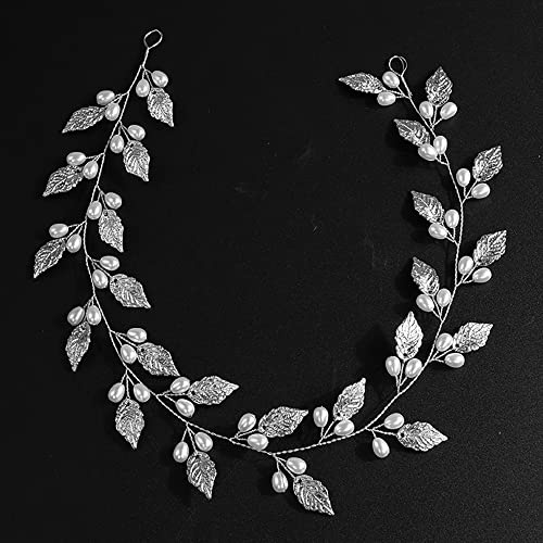 Teyglen Leaf Pearls Long Headband Bridal Leaves Headband Wedding Hair Accessory for Brides Hair Pieces Rose Gold Flower Girl Headpiece (40cm Silver)