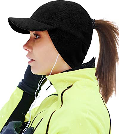 Gisdanchz Winter Basecap Damen Pferdeschwanz Mütze mit Ohrenklappen Laufen Cappy Frauen Kappe Schirmmütze Schildkappe WintermüTZE Damen Warm Women Baseball Cap Ponytail Hat, Schwarz XS/S