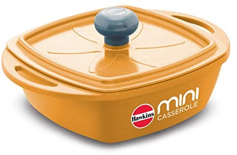 Hawkins 0.75 Litre Mini Casserole with Lid, Square Series Die-Cast pan for Cooking, Reheating, Serving and Storing, (Yellow)