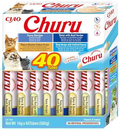INABA Churu Katzenleckerlis Cat Treats Variety Box mit Thunfisch | Getreidefrei, Zuckerfrei, Ohne Künstliche Aromen | 100% natürliches Fleisch, Premium Katzen Schleckies aus Japan 560 g (1er Pack)