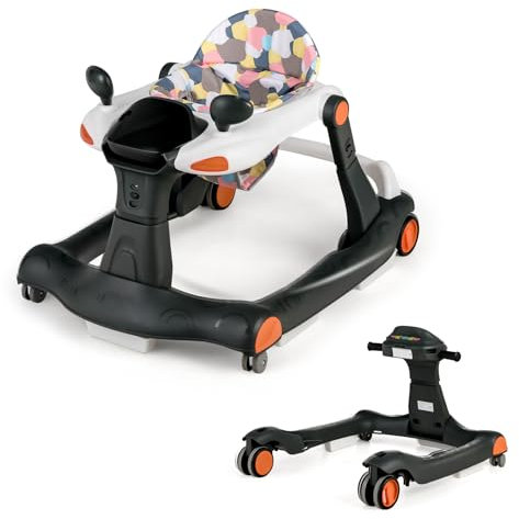 GOPLUS Trotteur Bébé Fille Garçon 6-18 Mois, Trotteur Marche Bébé Evolutif 2 en 1, Pousseur Pliable avec Lumière et Musique, Hauteur Réglable en 3 Positions, Coussin Amovible, Charge15KG (Noir)