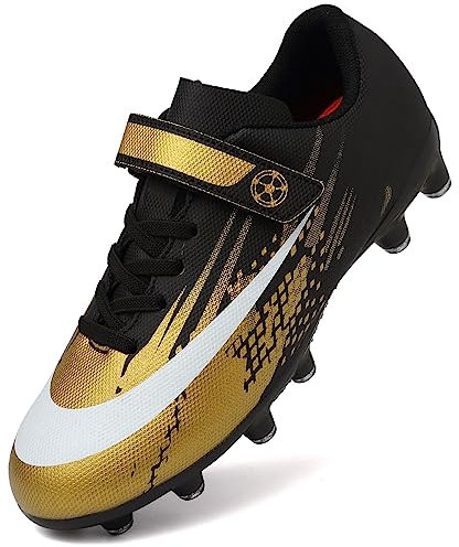 Dhinash Zapatos de Fútbol Niño Botas de Fútbol Tacos Zapatillas de Fútbol Cesped Artificial Aire Libre Zapatillas Deportivas Adolescentes Zapatos de Entrenamiento Negro Dorado Talla 31