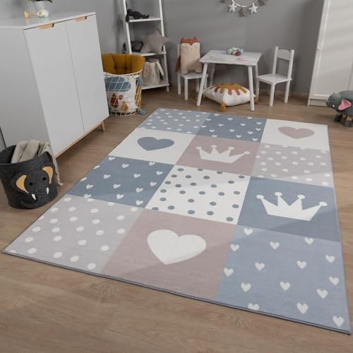 TT Home Kinderzimmerteppich Teppich Junge Mädchen Kinderteppich Baby Herzen Pastell, Farbe:Grau Creme, Größe:80x150 cm