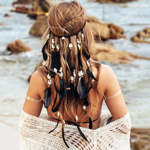 Zoestar Boho-Feder-Stirnband, Vintage-Muschel-Kopfschmuck, Hippie-Kopfschmuck, indischer Kopfschmuck, Festival, Tribal-Haarschmuck für Damen und Mädchen