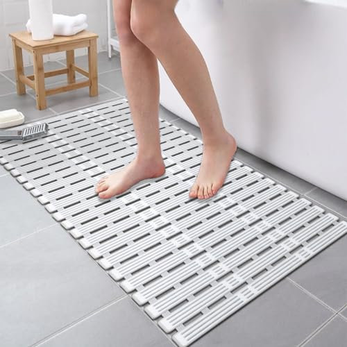 ZOKBOM Showe Tapis de bain antidérapant et anti-moisissure avec ventouses, long tapis de bain rectangulaire en caoutchouc pour douche intérieure, blanc, pour personnes âgées, lavable en machine 90 x