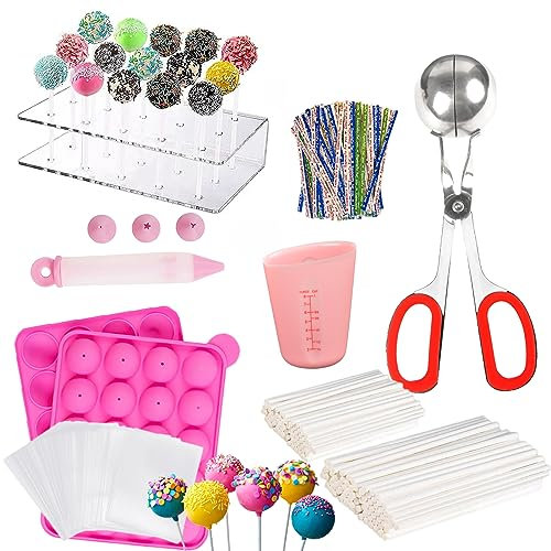 605Pcs Cake Pop Kit,Silicone Lollipop Molds Including Lollipop Sticks,Measuring Cup,Treat Bags,Twist Ties,Decorating Pen,Round Mold,Meat Baller with Handles,Lollipop, Candy,Display Stand Holder
