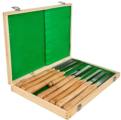 Stechbeitel Set Holz Schnitzwekzeug Hochgeschwindigkeitsstahl Meißel Stecheisen Satz Drechselmesser-Set 9-Teilig, HSS Drechseleisen Mit Holzgriff in Holzbox