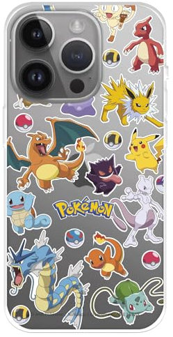 Hülle Kompatibel mit iPhone 15 Pro MAX Offizieller Pokémon Aufkleber Pokemon und Poké Ball zum Schutz Ihrer Handyhülle Transparent Flexibel Silikon Hülle mit Offizieller Pokémon-Lizenz