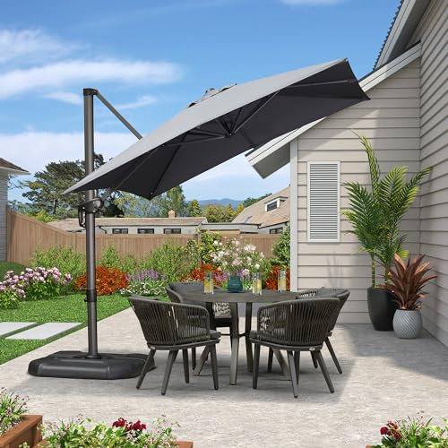 PURPLE LEAF Sombrilla Terraza Exterior 2,5 × 2,5 m Cuadrado, Sombrilla Jardin Grande con Rotación de 360° y 5 Ajustes de Inclinación, 8 Varillas de Aluminio, Lona 240/GSM con Protección UV, Gris claro