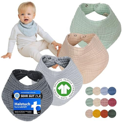 furora BABY Musselin Halstuch Baby Mädchen & Jungen, bio Baumwolle OEKO-TEX: Set (4 Stück) Dreieckstuch Baby Winter + Sommer | Lätzchen Baby Neugeborene- Kinder 4 Jahre: weich saugfähig
