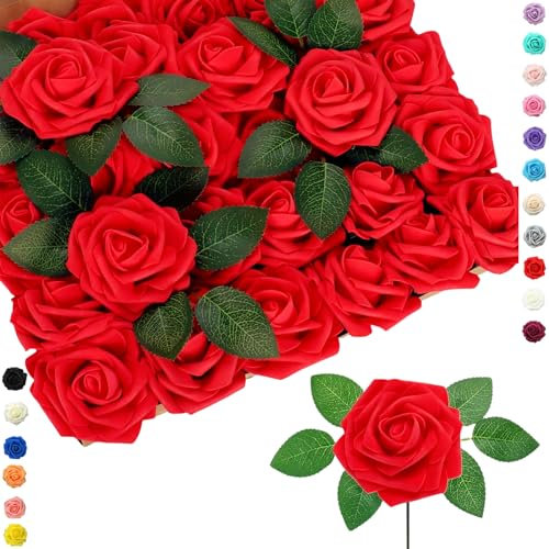 COSORO 25 pièces Fleurs Artificielles Roses Artificielles Rouge,Mousse Faux Roses avec Tiges Décoration Florale pour Anniversaire Mariage Gâteau Fête Jardin Artisanat Douche Nuptiale Saint Valentin