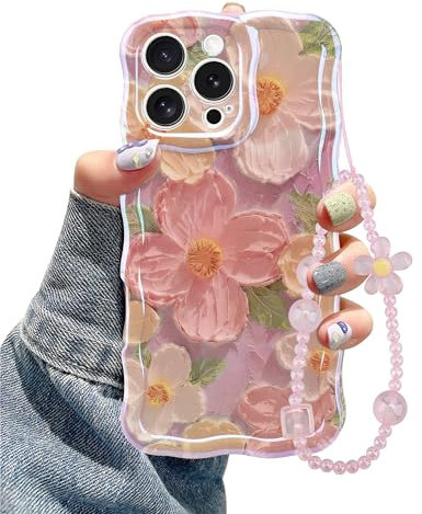 Jusy Oil Painting Flower Compatible with iPhone 11 Pro Max Case, with Bracelet Chain, Colorful Retro Floral Cute Curly Wave Frame Women Girls-Pink