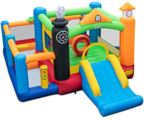 GYMAX Inflatable Bouncy Castle, Kids Jumping House with Slide, Basketball Hoop, 3 Ball Pit Areas & 50 Ocean Balls, Indoor Outdoor Bounce Playhouse for Children
