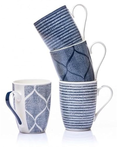 Dunlevy Blue 350ml Mugs Coffee Cups 4-Set Ceramic Weave Design Geometric Denim Pattern