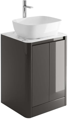 Go Bathrooms Berlin Gloss Dark Grey Vanity Unit Floor Standing 550mm White Marble 2-Hole Countertop Under Sink Bathroom Cabinet with Storage Grey Vanity Unit Marble Worktop