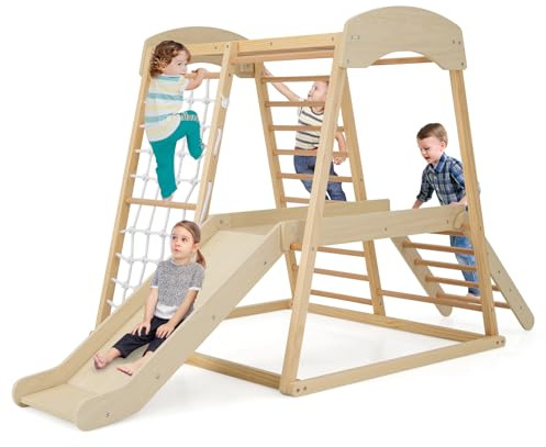 GYMAX Struttura da Arrampicata per Bambini 6 in 1, Parco Giochi in Legno con Scivolo, Pannello e Rete da Arrampicata, Grande Gruppo di Giochi Montessori con Accessori (Naturale, 205 x 112 x 120 cm)