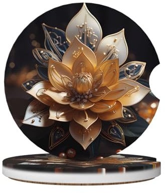 White Delicate Lotus Flower Car Cup Holder Coasters 2 Piece Set 2.56 Inch Ceramic Cork Bottom Suitable for Drinks Mugs Home Decoration