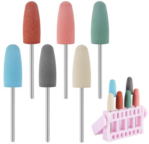 6pcs Pedicure Nail Drill Bits, 2.24x0.39in Rubber Polishing Bits with 16 Holes Display Stand Different Colour Electric Accessories Nail File Drill Bit Set Supplies for Manicure Pedicure Tools