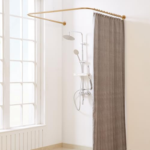 Yampos Bastone Tenda Doccia a Forma di U, [Entrambi i lati: 60 cm - 132 cm, Medio: 76,2 cm - 116,8 cm] Barra Doccia Angolare Regolabile per il Bagno con 12 Ganci e Supporto per Soffitto