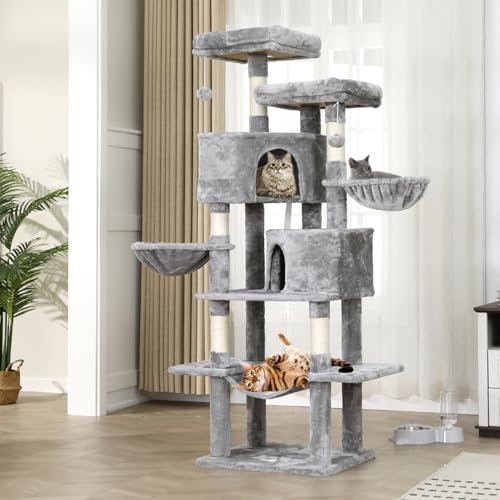Arbre à chat pour grands chats de 180 cm de haut, avec 2 niches, 3 hamacs, 2 plateformes d'observation, colonnes en corde en sisal, de nombreuses balles en peluche (gris clair)