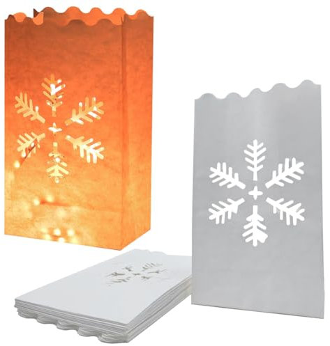 JAHEMU Lichttüten Papierlaternen Weihnachten Schneeflocken Kerzentüten Kerze Taschen Weiß Candle Bags Weihnachten Dekorationen 20 Stück