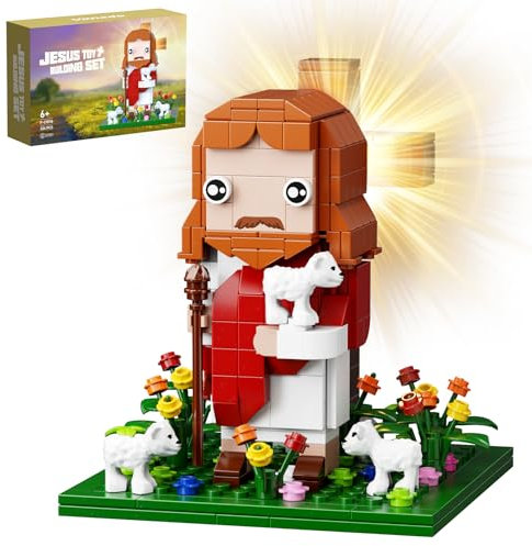Millionspring Jesus-Baustein-Set mit Licht, Jesus-Figur, Spielzeugmodell, Heimkapellen-Dekor, Ostergeschenke für Kinder, Erwachsene (324 Teile)