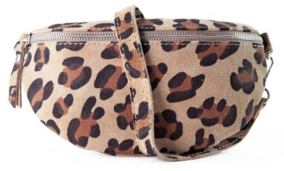 lePelou Bauchtasche aus Veloursleder im Leo-Look, Wildleder Bauchtasche, Festival Tasche, Cross Body Tasche, Gürteltasche, Geschenk (Leo beige)