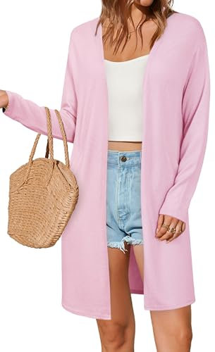 OUGES Strickjacken füR Damen Lang Cardigan Elegante Leicht Strickjacke Herbst Strickjackenpullover mit Taschen Rosa S
