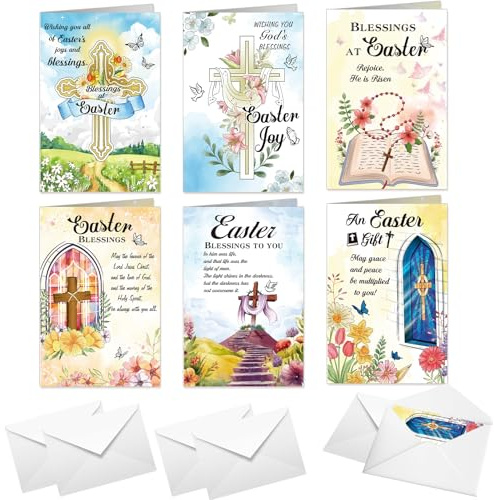 DPKOW Religious Easter Cards Pack of 6, Easter Christian Card Multipack, Religious Easter Greeting Cards with Envelopes, Cross Church Bible Rosary