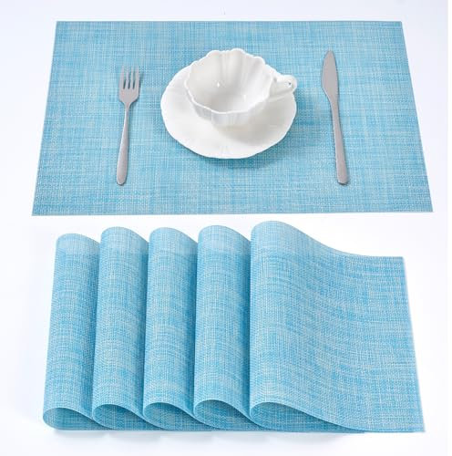Tischsets Abwaschbar - Platzsets aus PVC, rutschfest und Waschbar - Platzdeckchen - Tischunterlage, Platzset, Tischuntersetzer für Esszimmer, Küche und Restaurant (Blau Mix, 6er Set)