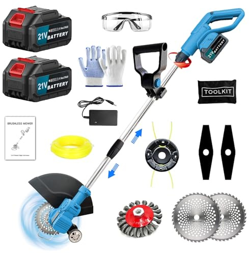 Akku Rasentrimmer kompatibel mit Makita-Akkus mit 4 verschiedenen Messertypen Bürstenloser Rasentrimmer mit 2 x 21V-Akkus Rasenkantenschneider Akku-Motorsense für Garten