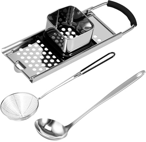 Spätzlehobel,Spätzlereibe Edelstahl,Spätzlehobel mit Teigschlitten,Spätzle Set mit Sieblöffel und Suppenkelle,Spätzlemaschine Edelstahl Ideal für Spätzle und Knöpfle(A)
