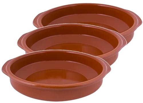 Platos de Cerámica - Envio 24h - Cazuelas Rústica de Barro Refractario, Aptas para Cocina de Gas y Eléctrica, Microondas y Horno, Color Natural, Borde 5 cm (3 uds, 16)