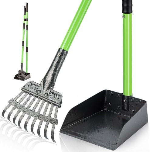 Dog Pooper Scooper, Dog Poop Tray and Rake Set, Pet Waste Removal Scoop with Long Handle for Medium Small Dogs Heavy Duty - Use on Grass, Dirt or Gravel