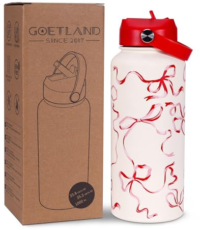 Goetland Schleifen Isolierte Trinkflasche Edelstahl 1l Wasserflasche mit Strohhalm Griff Doppelwandige Vakuumflasche Trinkbecher Auslaufsicher für Frauen und Männer Rot