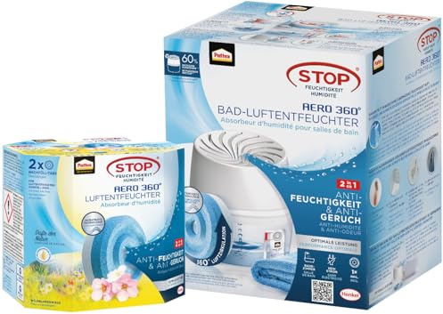 Pattex AERO 360° Luftentfeuchter für das Badezimmer, Raumentfeuchter, Raumluftentfeuchter, 1 Gerät inkl. 1 Nachfüll Tab & Nachfüll Tabs Wildblumenwiese, geruchsneutralisierend, 2er-Pack (2x450g)