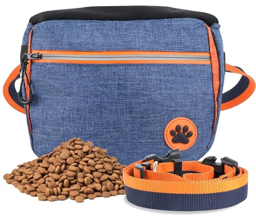 Vonsera Leckerlitasche für Hunde mit wasserdichte Reflektorstreifen, Bauchtasche Hundetraining mit Metallschnalle, Futterbeutel Hund Mehreren Taschen für Kleine, Mittelgroße und Große Hunde - Blau