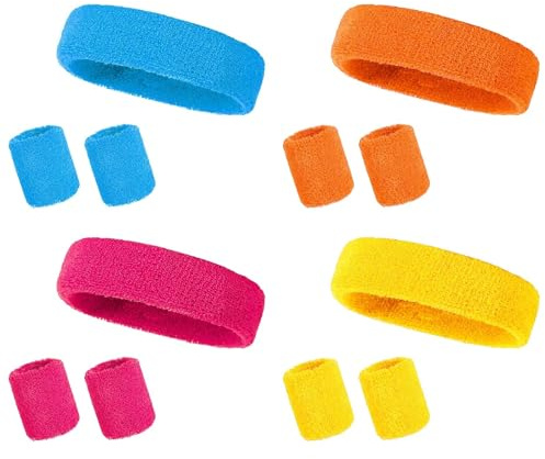 12 Stück Neon Schweißband Set – 80er Jahre Stirnband & Armband für Damen & Herren – Retro Fitness Zubehör für Mottoparty, Fasching, Karneval, Sport & Tanz
