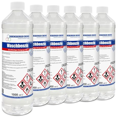 Ravensberger Chemie Waschbenzin Spezialreiniger – hochwirksam gegen Fett, Öl, Teer, Kleber, Farbe, Tinte, Wachs & Kaugummi – ideal für Kunststoffoberflächen - 6er Set (6 x 1 Liter)
